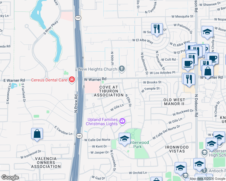 map of restaurants, bars, coffee shops, grocery stores, and more near 2675 West Estrella Drive in Chandler