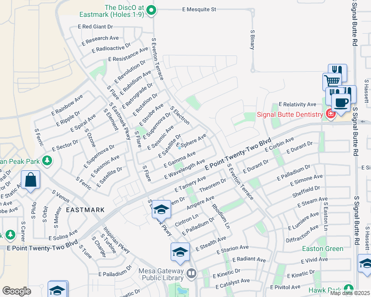 map of restaurants, bars, coffee shops, grocery stores, and more near 10131 East Gamma Avenue in Mesa