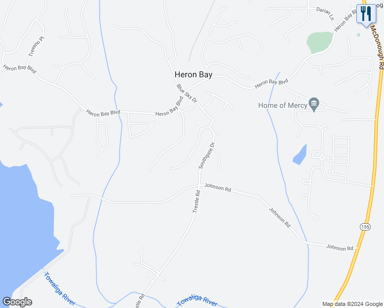 map of restaurants, bars, coffee shops, grocery stores, and more near 348 Southgate Drive in Locust Grove