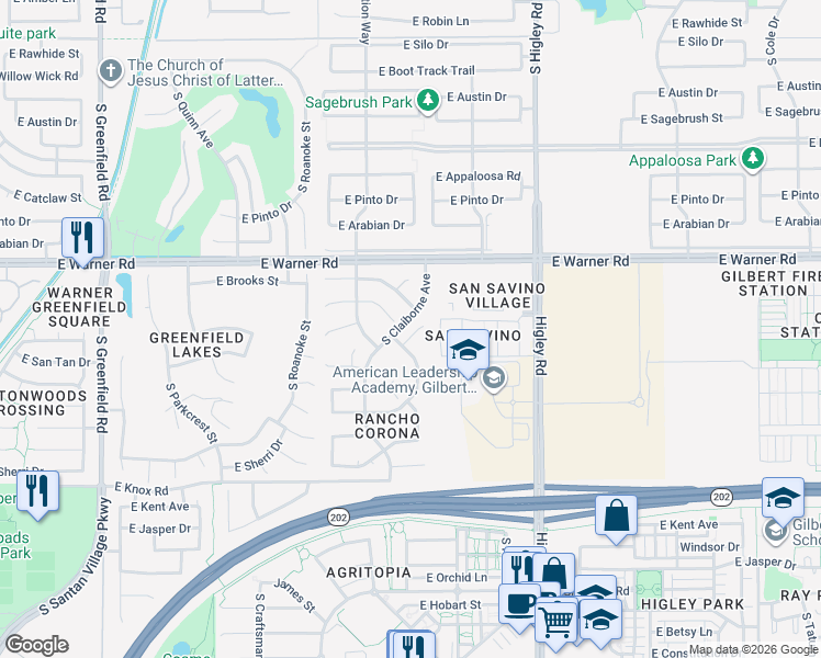 map of restaurants, bars, coffee shops, grocery stores, and more near 985 South Roles Drive in Gilbert