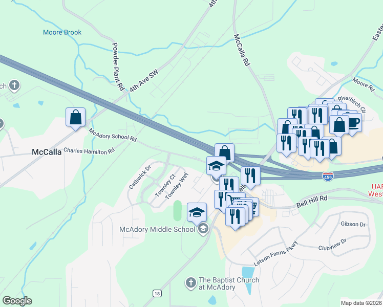 map of restaurants, bars, coffee shops, grocery stores, and more near 4926 McAdory School Road in McCalla