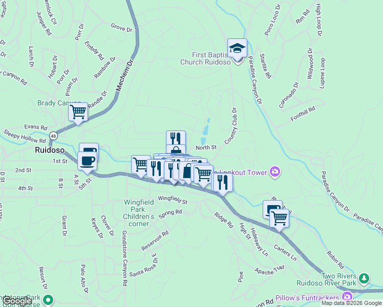 map of restaurants, bars, coffee shops, grocery stores, and more near 105-107 Hiding Place in Ruidoso