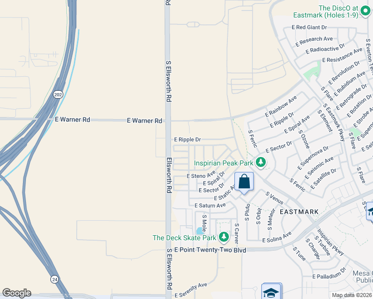 map of restaurants, bars, coffee shops, grocery stores, and more near 12641-13183 South Ellsworth Road in Mesa