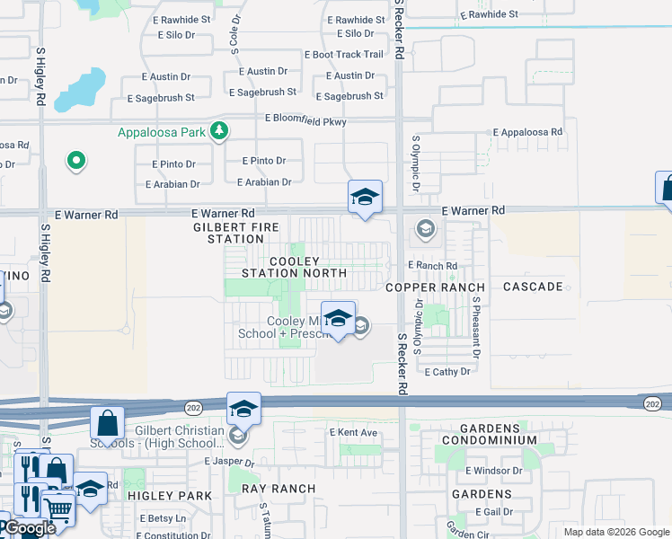 map of restaurants, bars, coffee shops, grocery stores, and more near 972 South Huish Drive in Gilbert