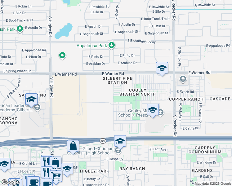 map of restaurants, bars, coffee shops, grocery stores, and more near 3617 East Leslie Drive in Gilbert