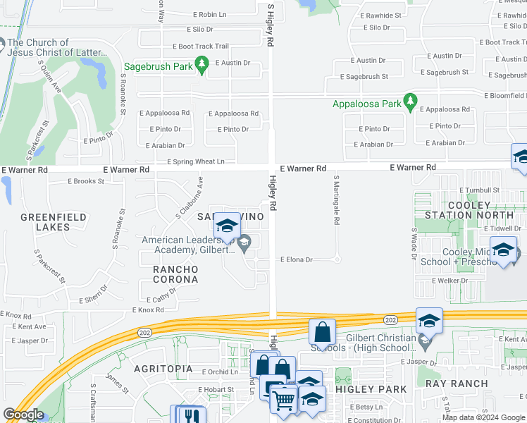 map of restaurants, bars, coffee shops, grocery stores, and more near 953 South Balboa Drive in Gilbert