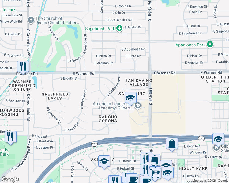 map of restaurants, bars, coffee shops, grocery stores, and more near 985 South Roles Drive in Gilbert