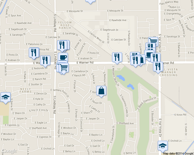 map of restaurants, bars, coffee shops, grocery stores, and more near 940 South Roca Street in Gilbert