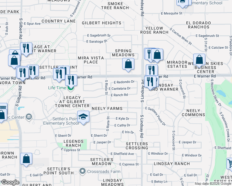 map of restaurants, bars, coffee shops, grocery stores, and more near 607 East Ranch Road in Gilbert