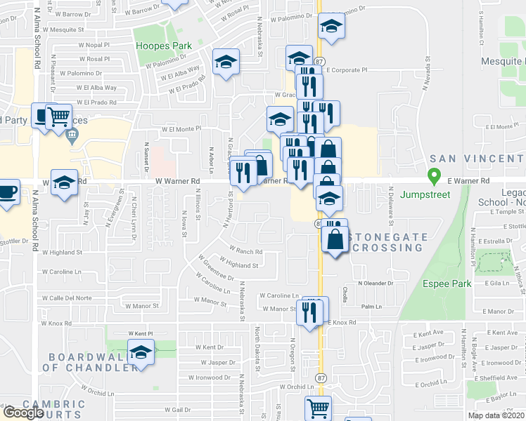 map of restaurants, bars, coffee shops, grocery stores, and more near 1961 North Hartford Street in Chandler