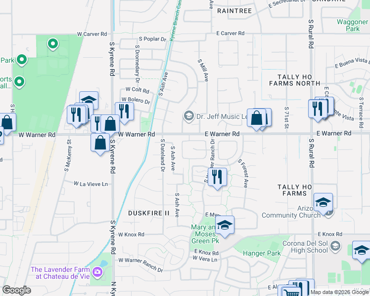 map of restaurants, bars, coffee shops, grocery stores, and more near 96 West Ranch Road in Tempe