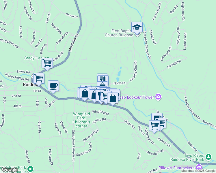 map of restaurants, bars, coffee shops, grocery stores, and more near 207 Eagle Drive in Ruidoso