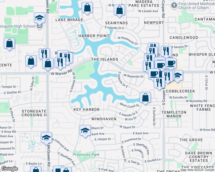 map of restaurants, bars, coffee shops, grocery stores, and more near 941 South Copper Key Court in Gilbert