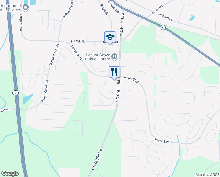 map of restaurants, bars, coffee shops, grocery stores, and more near 1104 Saint Phillips Court in Locust Grove