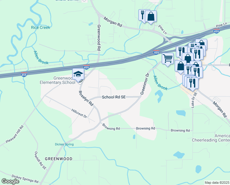 map of restaurants, bars, coffee shops, grocery stores, and more near 1219 School Road Southeast in Bessemer