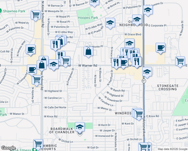 map of restaurants, bars, coffee shops, grocery stores, and more near 555 West Warner Road in Chandler