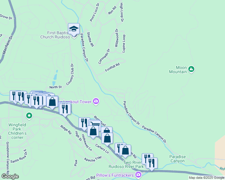 map of restaurants, bars, coffee shops, grocery stores, and more near 433 Paradise Canyon Drive in Ruidoso