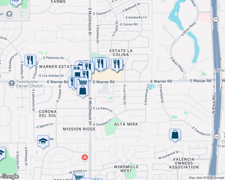 map of restaurants, bars, coffee shops, grocery stores, and more near 1904 East Ranch Road in Tempe