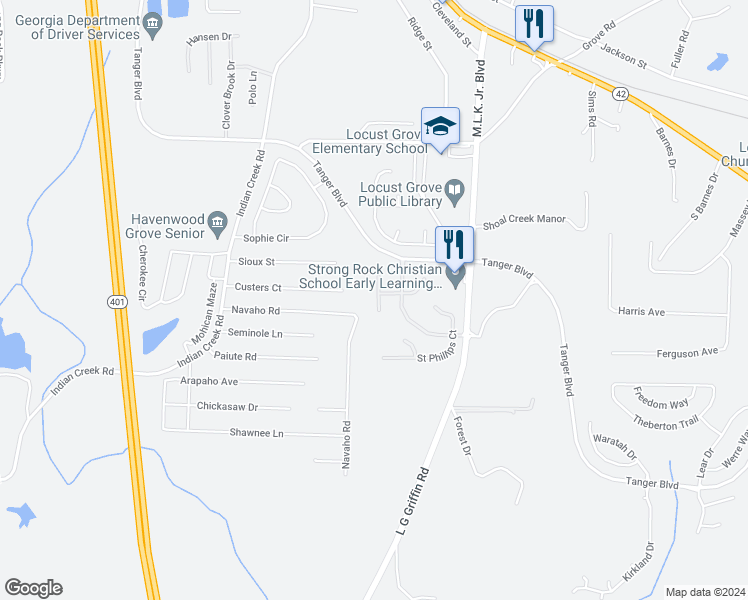 map of restaurants, bars, coffee shops, grocery stores, and more near 1417 Saint Teresa Court in Locust Grove