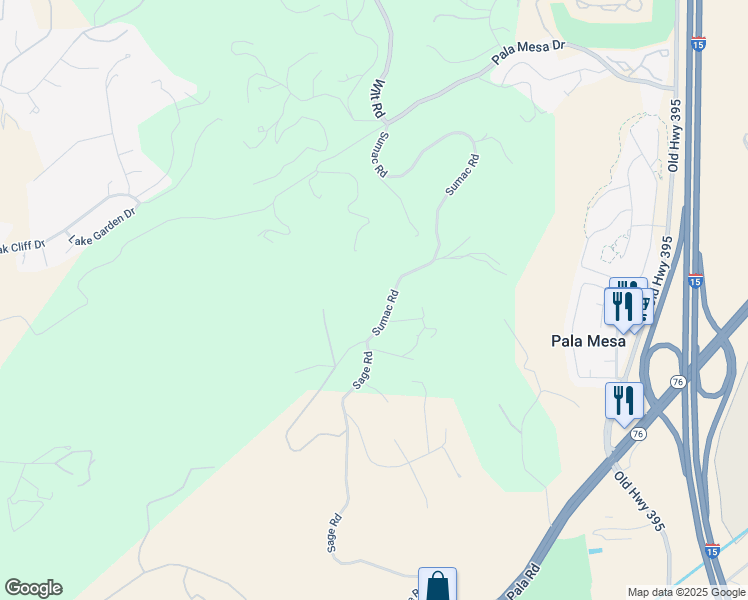 map of restaurants, bars, coffee shops, grocery stores, and more near 3173 Sumac Road in Fallbrook