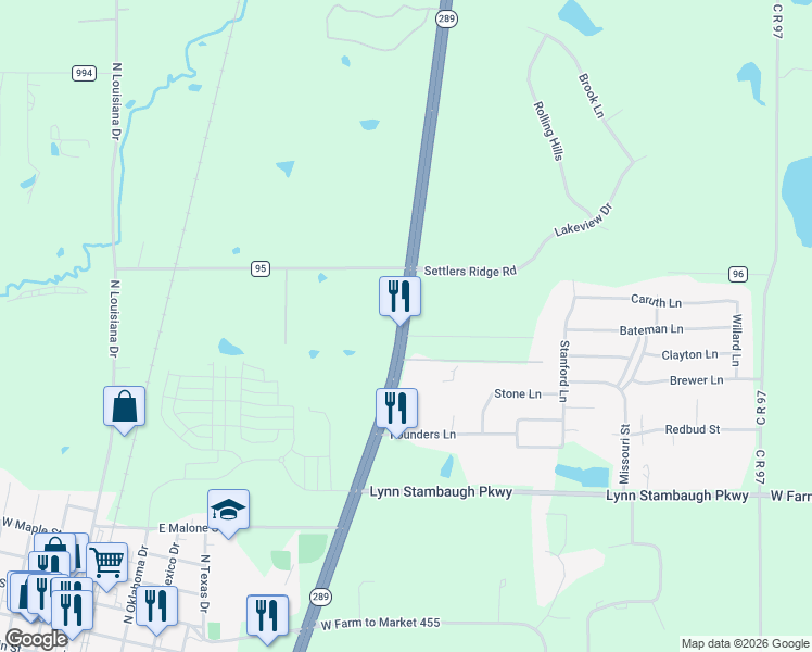map of restaurants, bars, coffee shops, grocery stores, and more near Preston Road in Celina