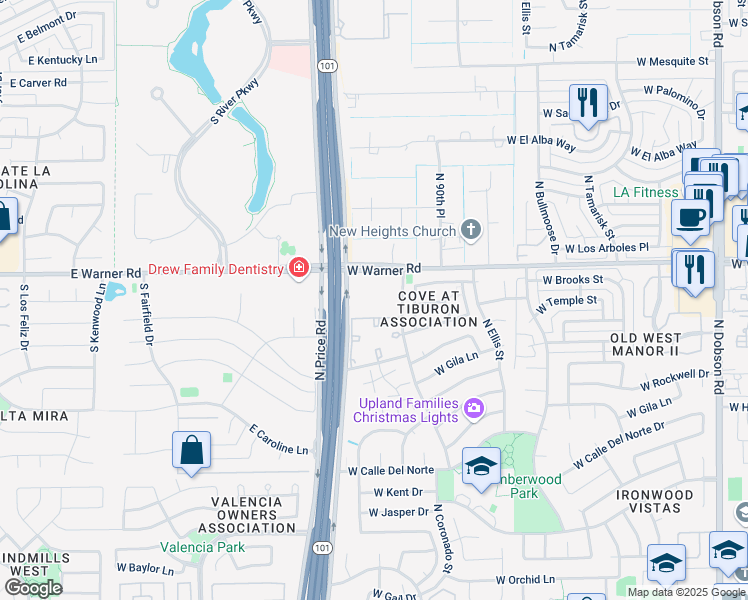 map of restaurants, bars, coffee shops, grocery stores, and more near 2905 West Warner Road in Chandler