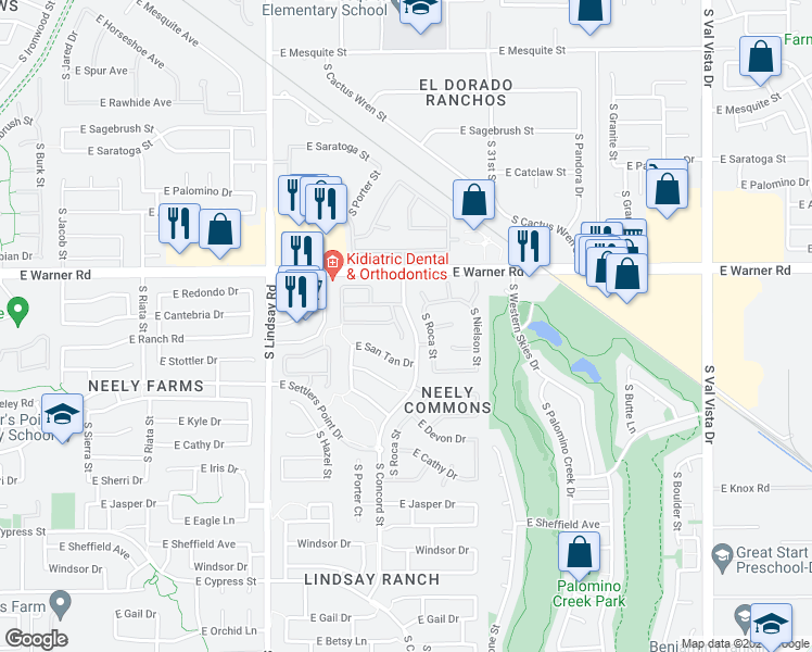 map of restaurants, bars, coffee shops, grocery stores, and more near 903 South Porter Court in Gilbert