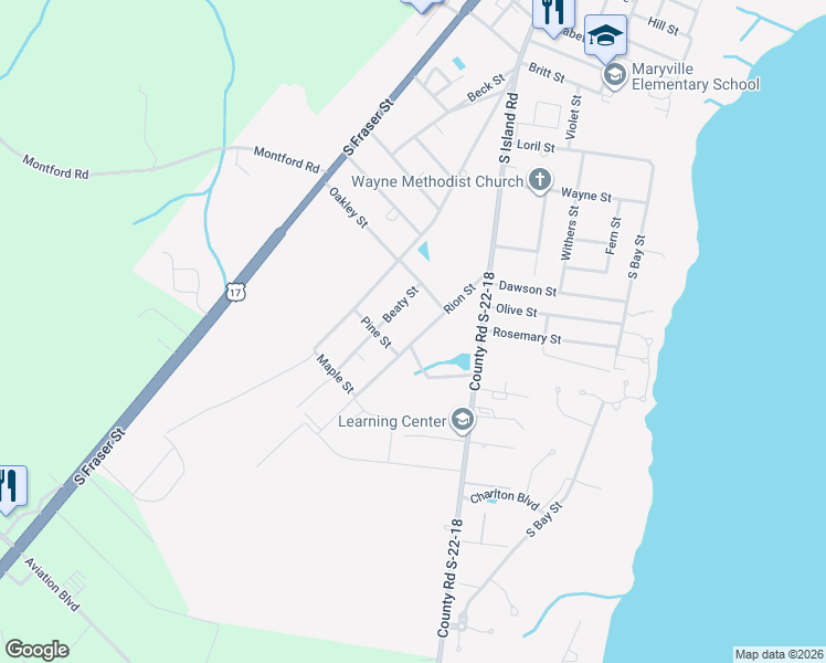 map of restaurants, bars, coffee shops, grocery stores, and more near 2603 Beaty Street in Georgetown