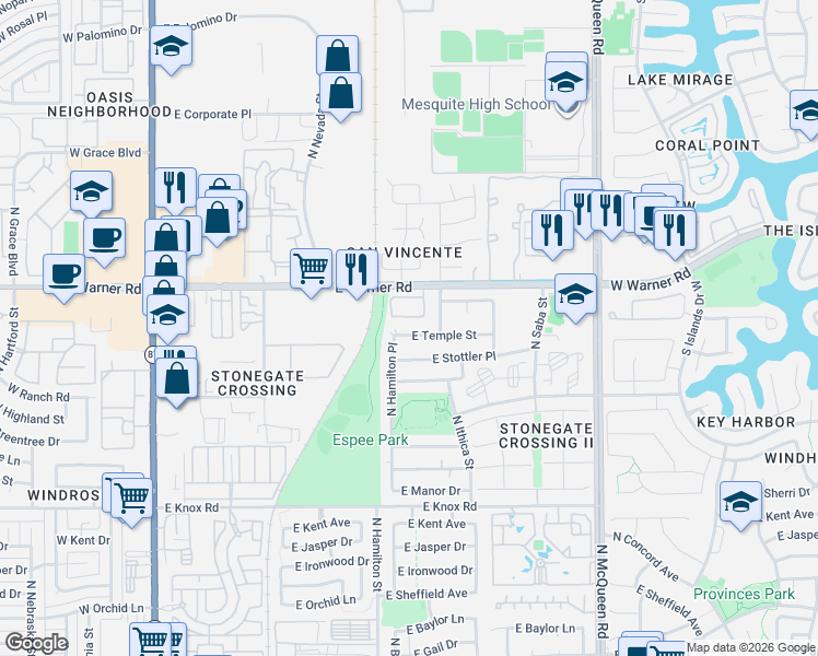map of restaurants, bars, coffee shops, grocery stores, and more near 641 East Warner Road in Chandler