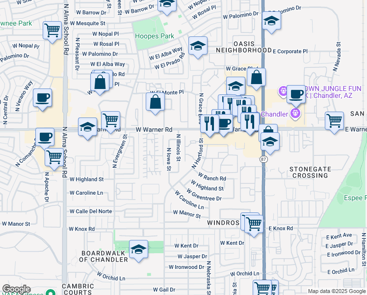 map of restaurants, bars, coffee shops, grocery stores, and more near 1996 North Illinois Street in Chandler