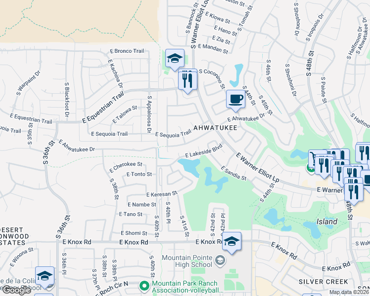 map of restaurants, bars, coffee shops, grocery stores, and more near 4208 East Ahwatukee Drive in Phoenix