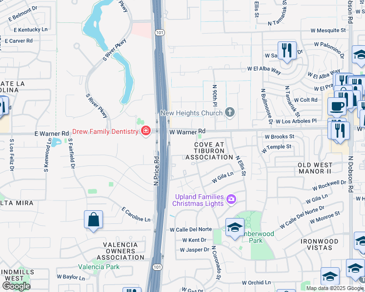 map of restaurants, bars, coffee shops, grocery stores, and more near 2905 West Warner Road in Chandler