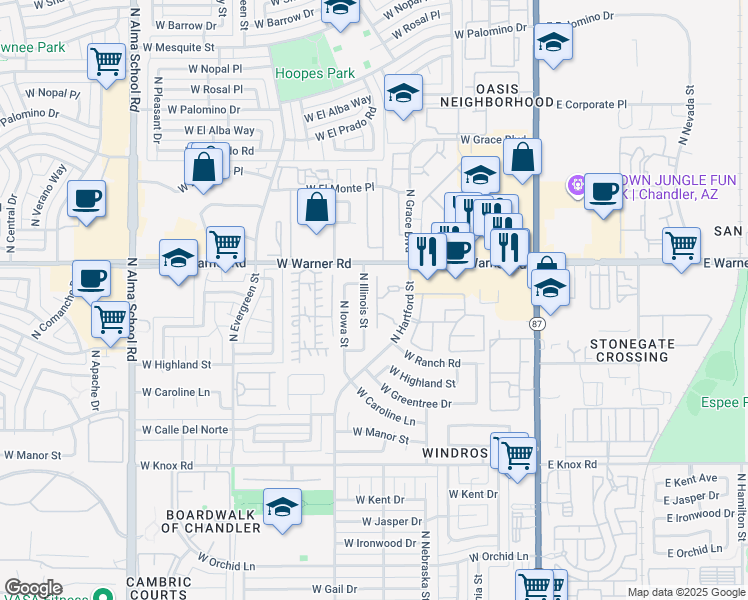 map of restaurants, bars, coffee shops, grocery stores, and more near 1996 North Illinois Street in Chandler
