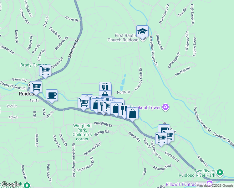 map of restaurants, bars, coffee shops, grocery stores, and more near 101-299 North St in Ruidoso
