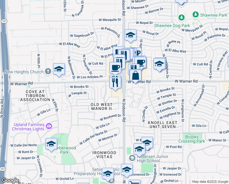 map of restaurants, bars, coffee shops, grocery stores, and more near 2051 West Warner Road in Chandler