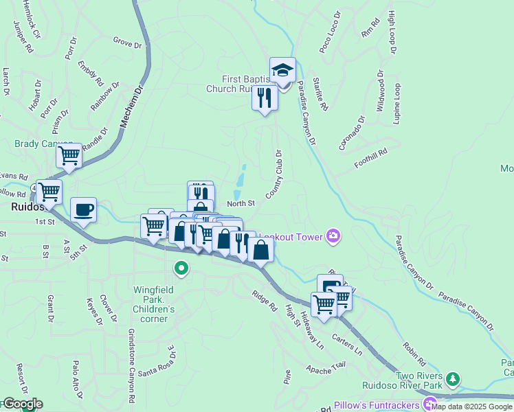 map of restaurants, bars, coffee shops, grocery stores, and more near 115 North Street in Ruidoso