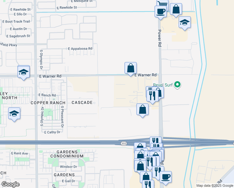map of restaurants, bars, coffee shops, grocery stores, and more near 18001-18309 East Warner Road in Gilbert