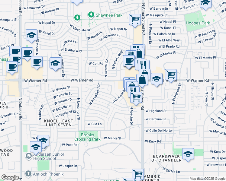 map of restaurants, bars, coffee shops, grocery stores, and more near 1311 West Brooks Street in Chandler
