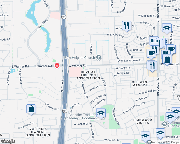 map of restaurants, bars, coffee shops, grocery stores, and more near 2674 West Brooks Street in Chandler