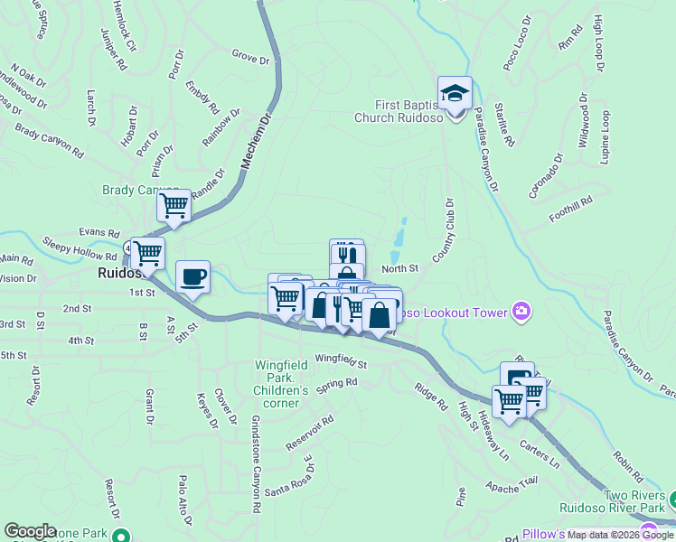 map of restaurants, bars, coffee shops, grocery stores, and more near 107 Rowan Road in Ruidoso