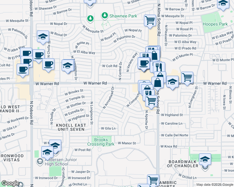 map of restaurants, bars, coffee shops, grocery stores, and more near 1311 West Brooks Street in Chandler