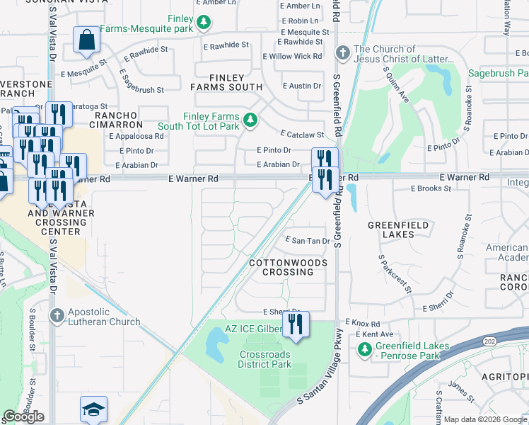 map of restaurants, bars, coffee shops, grocery stores, and more near 2208 East Temple Court in Gilbert