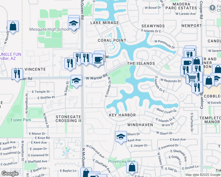 map of restaurants, bars, coffee shops, grocery stores, and more near 851 South Scallop Drive in Gilbert