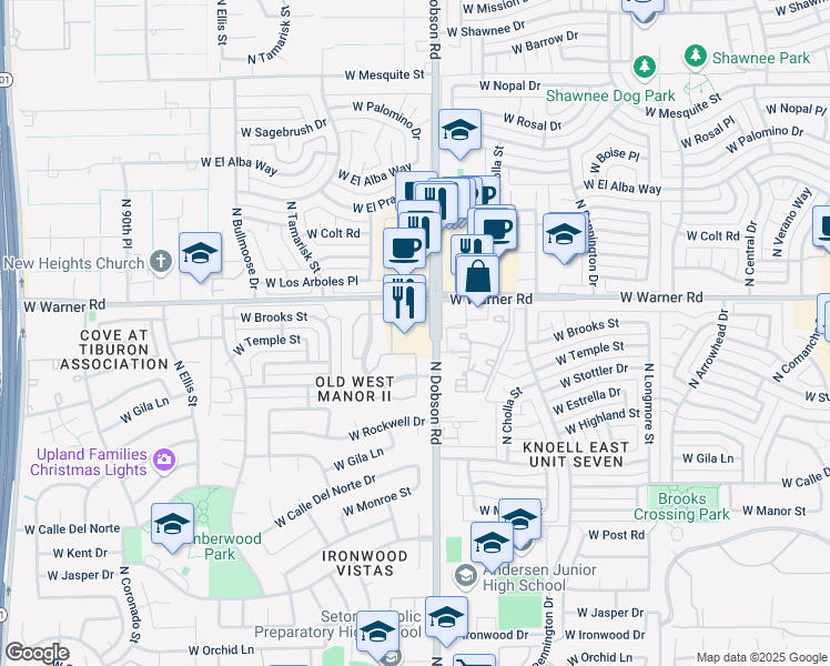 map of restaurants, bars, coffee shops, grocery stores, and more near 2051 West Warner Road in Chandler
