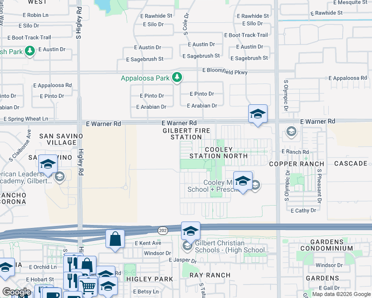 map of restaurants, bars, coffee shops, grocery stores, and more near 3616 East Horace Drive in Gilbert