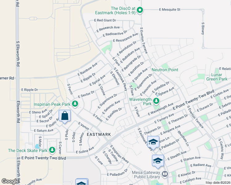 map of restaurants, bars, coffee shops, grocery stores, and more near 9848 East Supernova Drive in Mesa