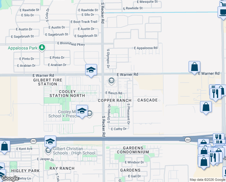 map of restaurants, bars, coffee shops, grocery stores, and more near 4055 East Warner Road in Gilbert
