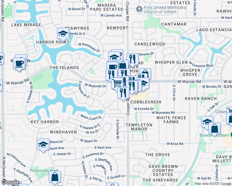 map of restaurants, bars, coffee shops, grocery stores, and more near 855 West Warner Road in Gilbert