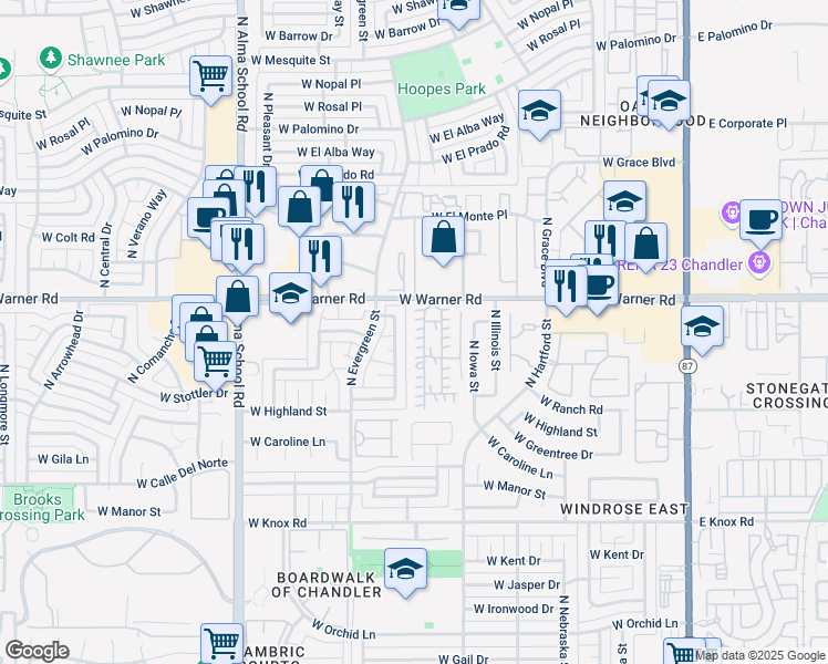 map of restaurants, bars, coffee shops, grocery stores, and more near 555 West Warner Road in Chandler