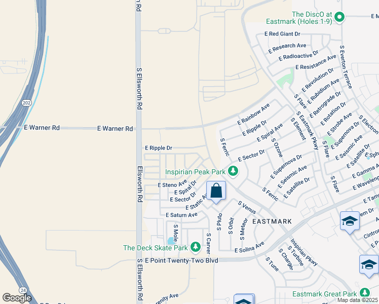 map of restaurants, bars, coffee shops, grocery stores, and more near 12433-12639 South Ellsworth Road in Mesa